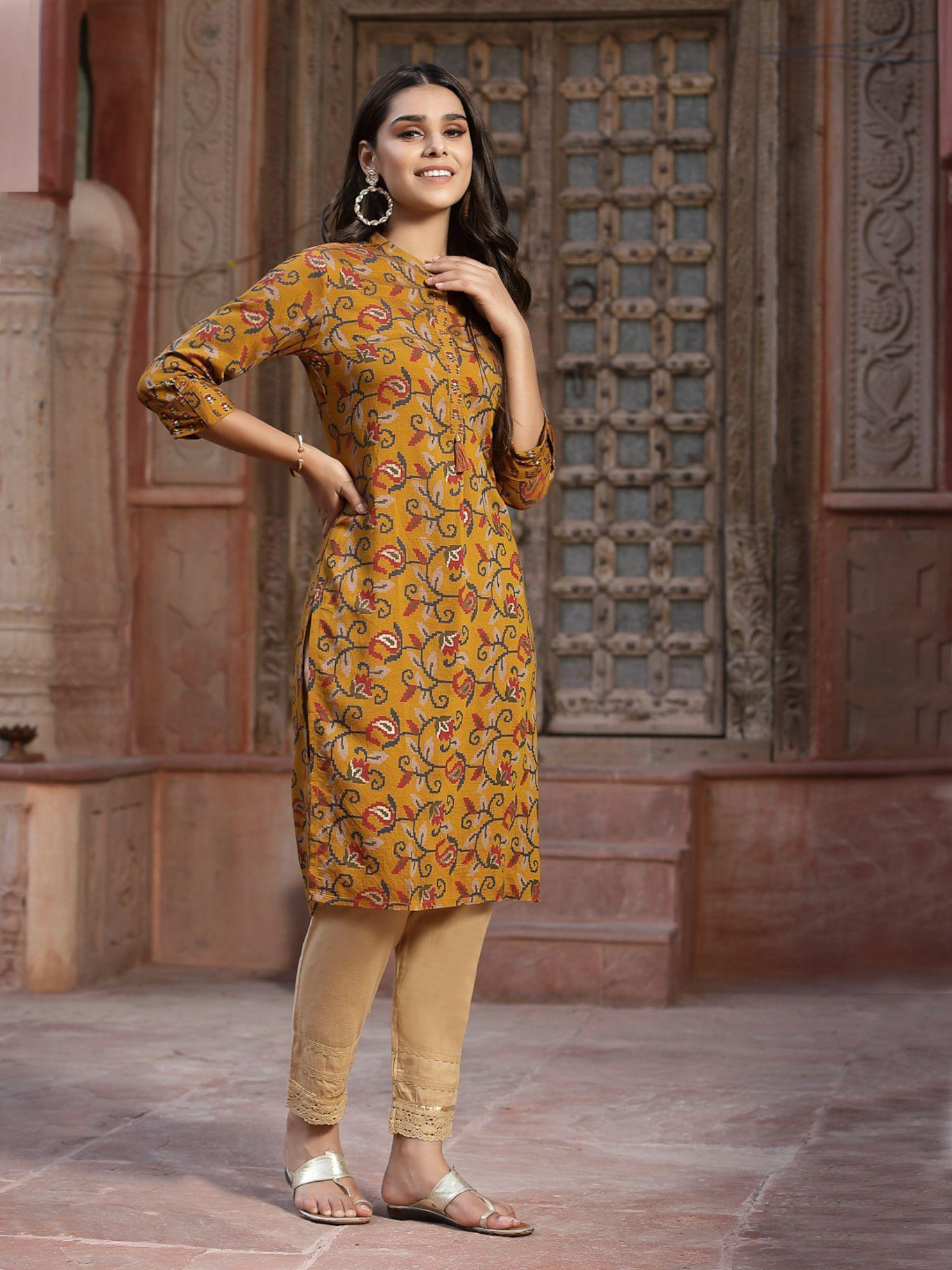 mustard floral printed muslin kurta with tassels & a pleat at front