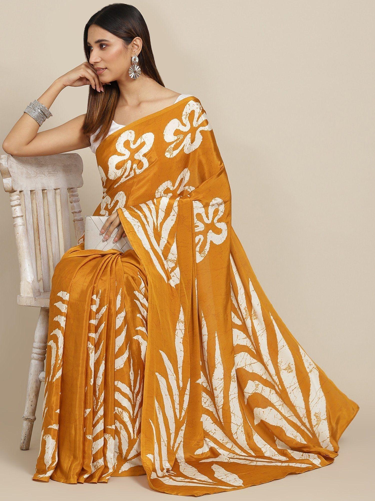 mustard floral printed satin saree with unstitched blouse