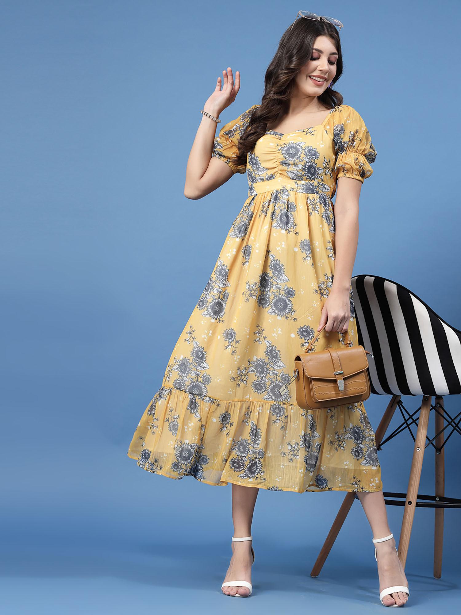 mustard floral puff sleeves midi dress