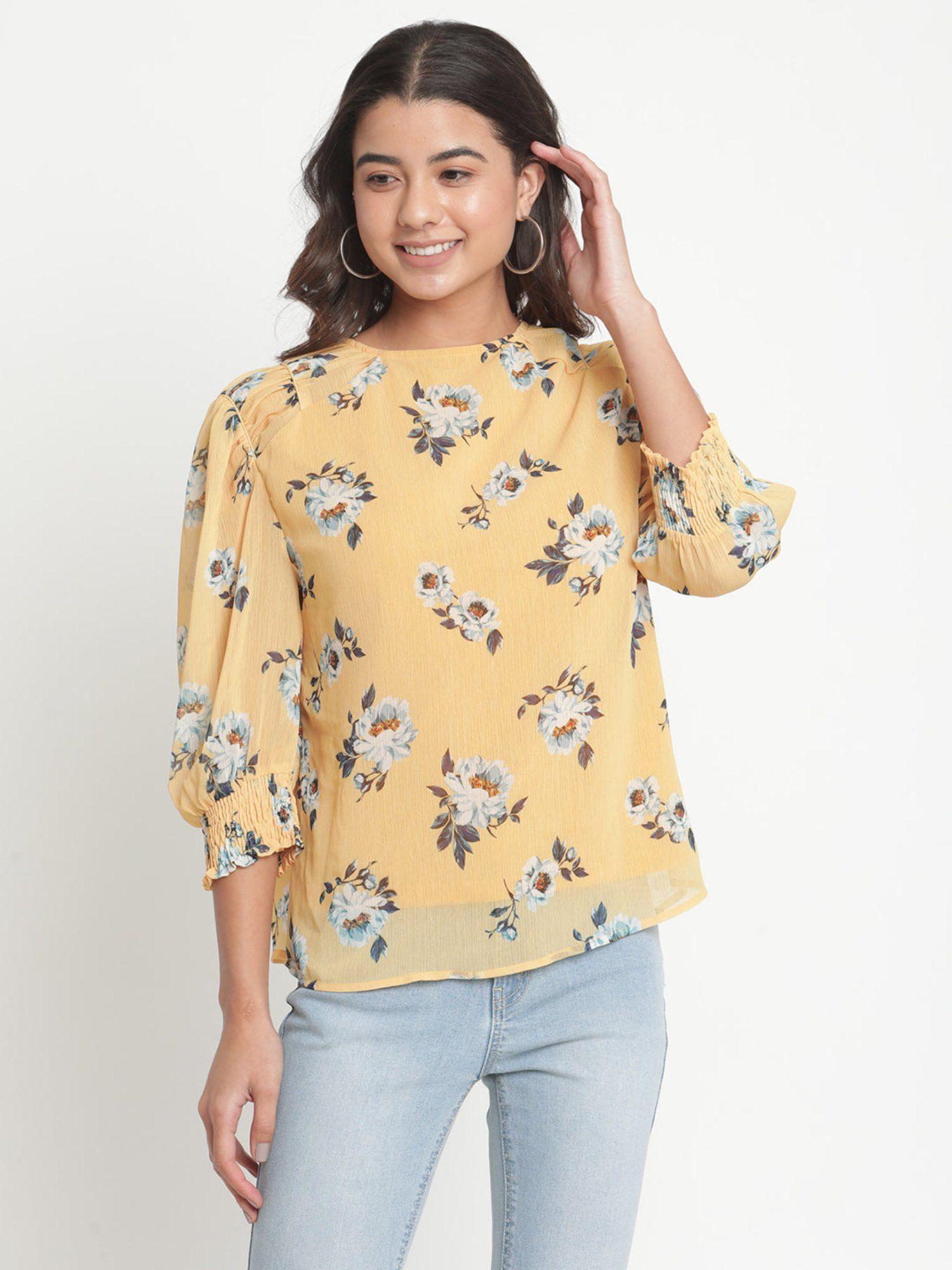 mustard floral round neck tops