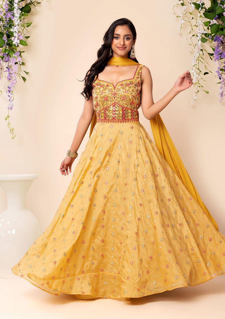 mustard floral thread and mirror boota embroidered anarkali kurta with dupatta