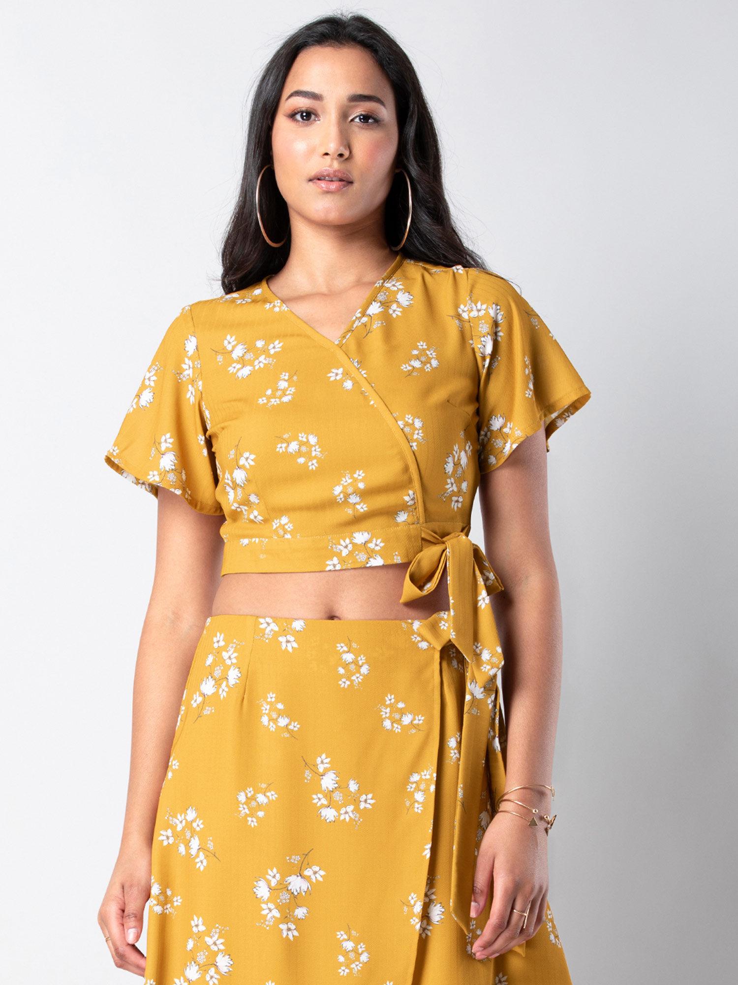 mustard floral wrap crop top