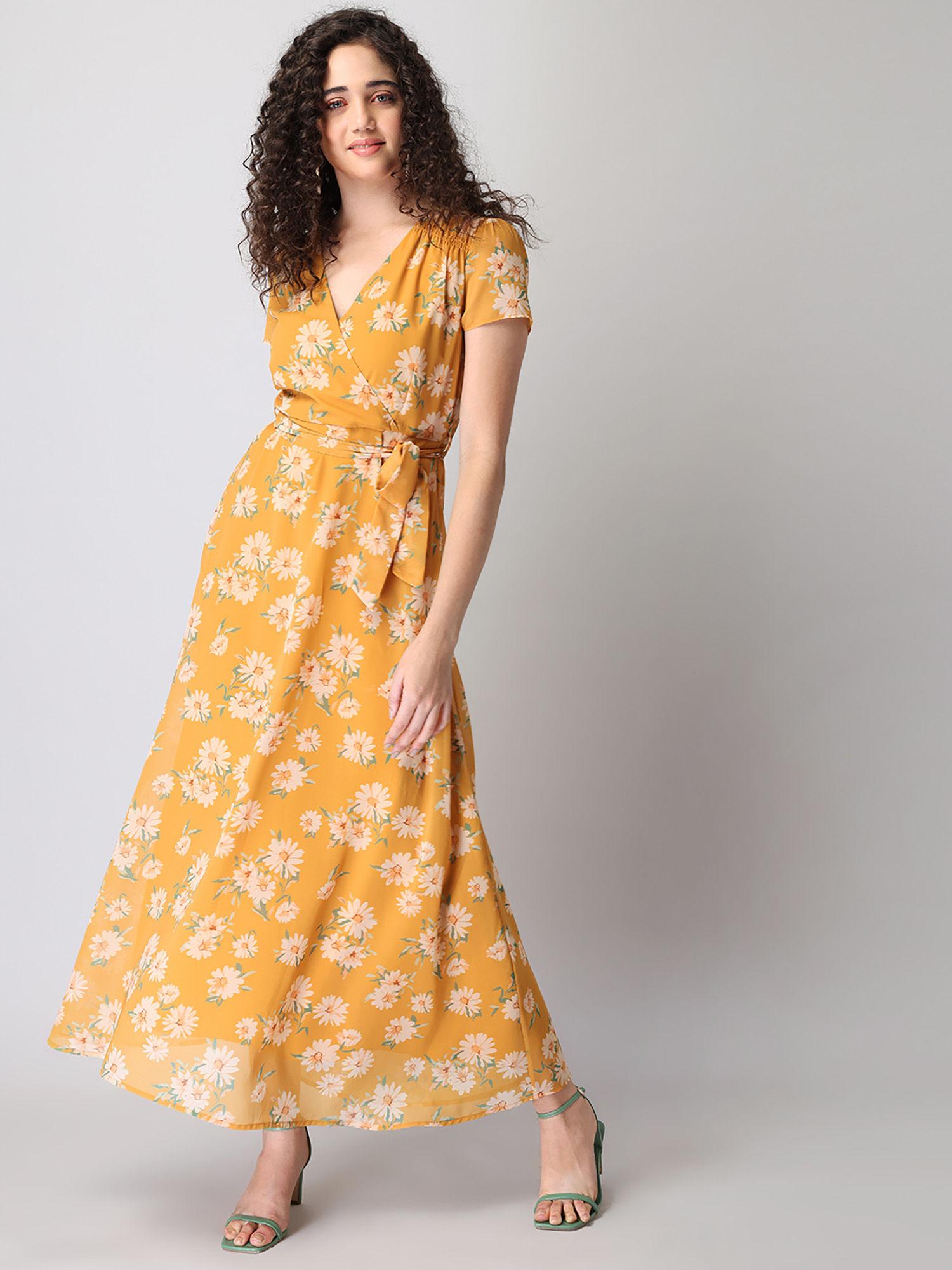 mustard floral wrap self fabric maxi dress