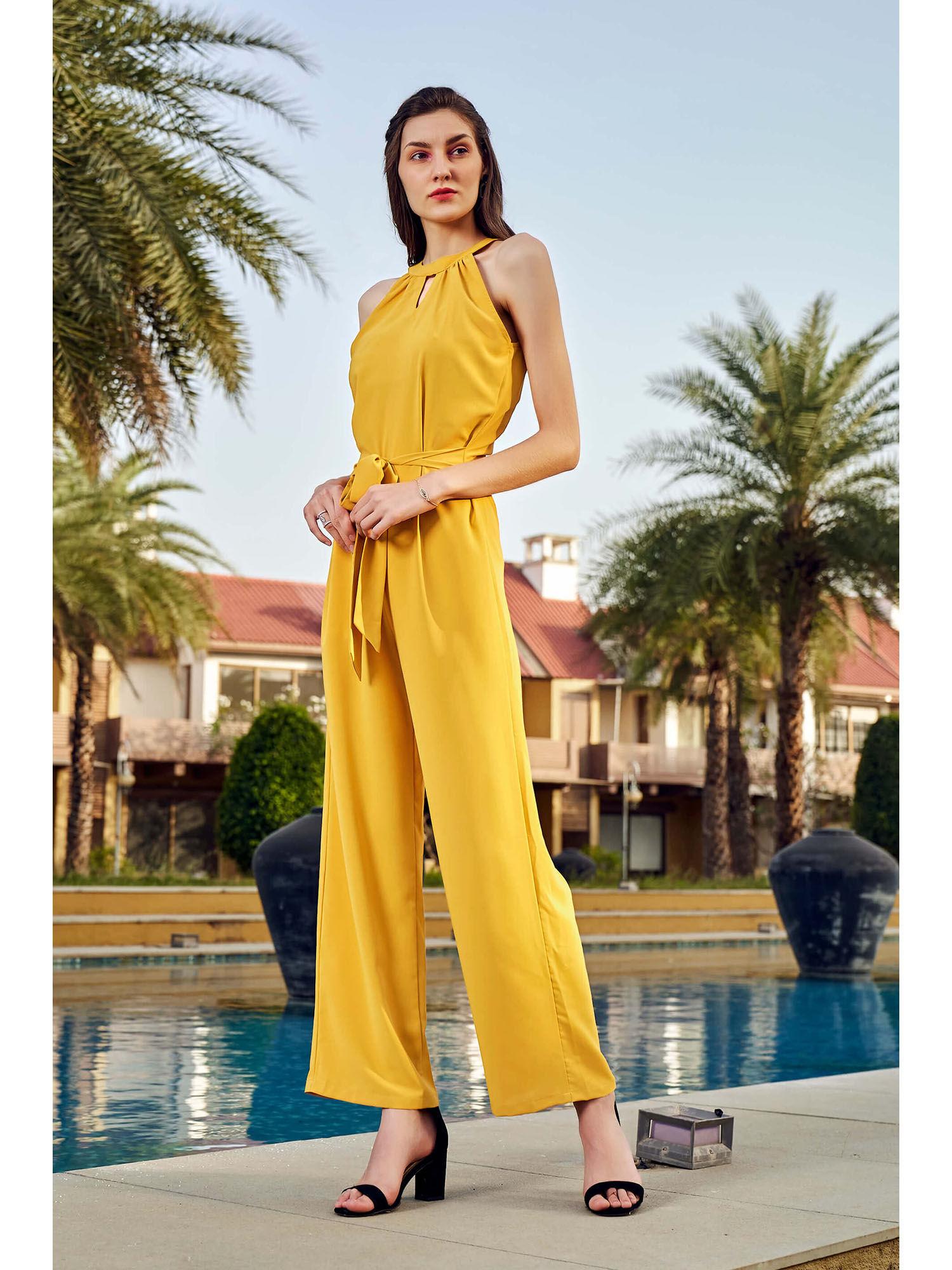 mustard front knot halter neck jumpsuit