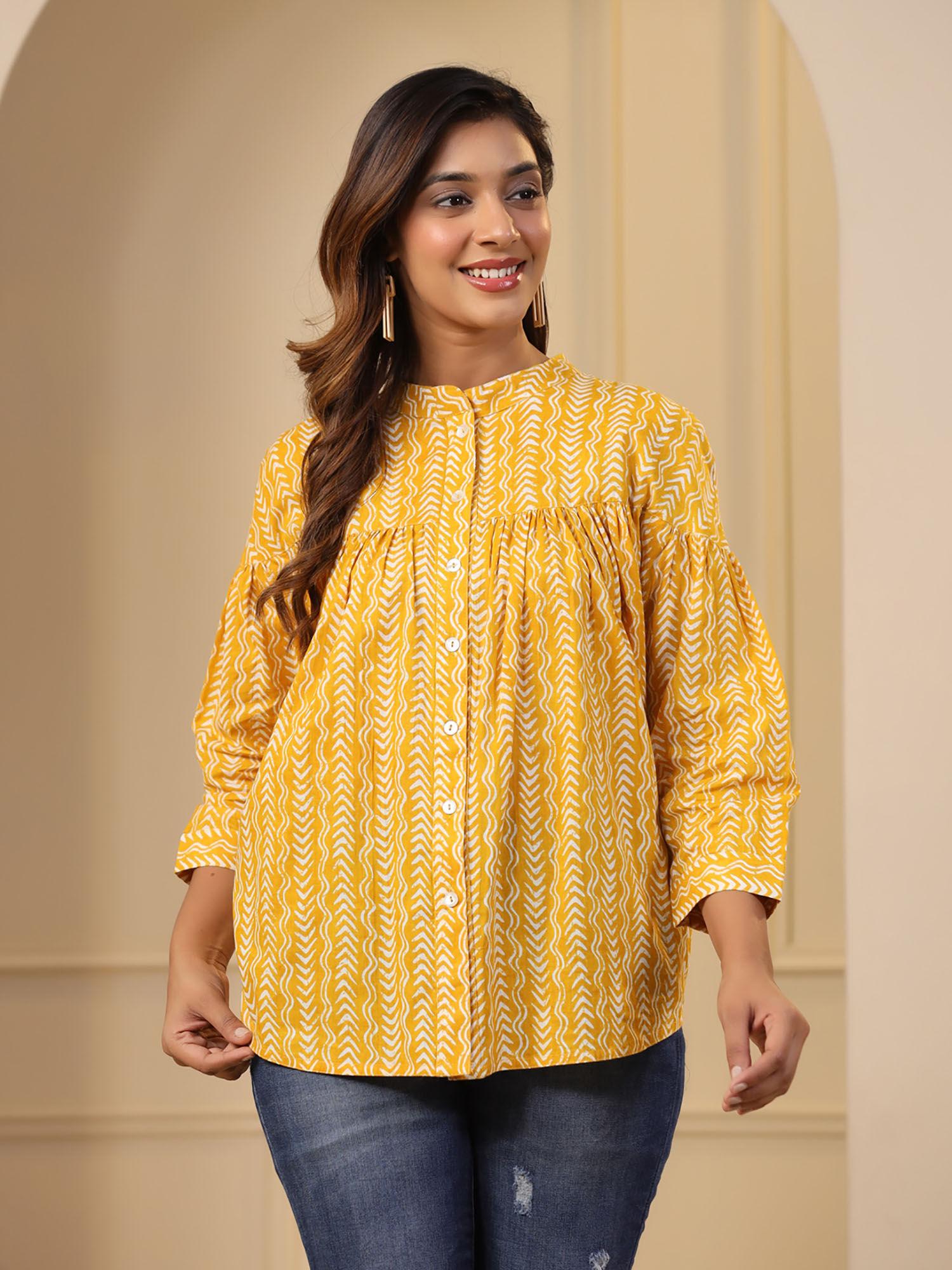 mustard gathered loose fit printed top