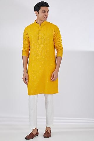 mustard georgette chikankari embroidered kurta set