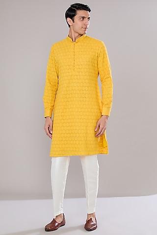 mustard georgette chikankari embroidered kurta set