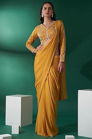 mustard georgette crepe & satin pre-draped saree set