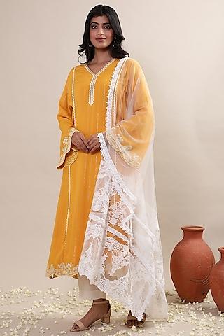 mustard georgette embroidered kurta set