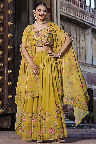 mustard georgette floral printed & embellished jacket lehenga set