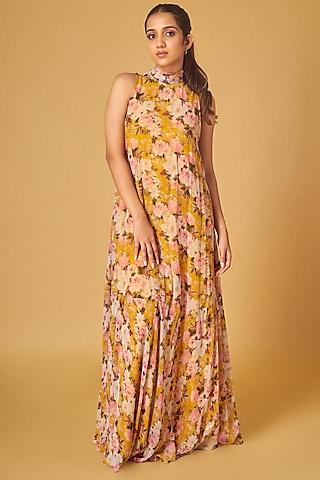 mustard georgette floral printed maxi dress