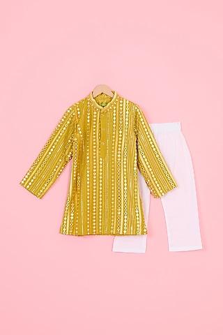 mustard georgette patra embroidered kurta set for boys