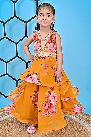 mustard georgette printed & embroidered gown for girls