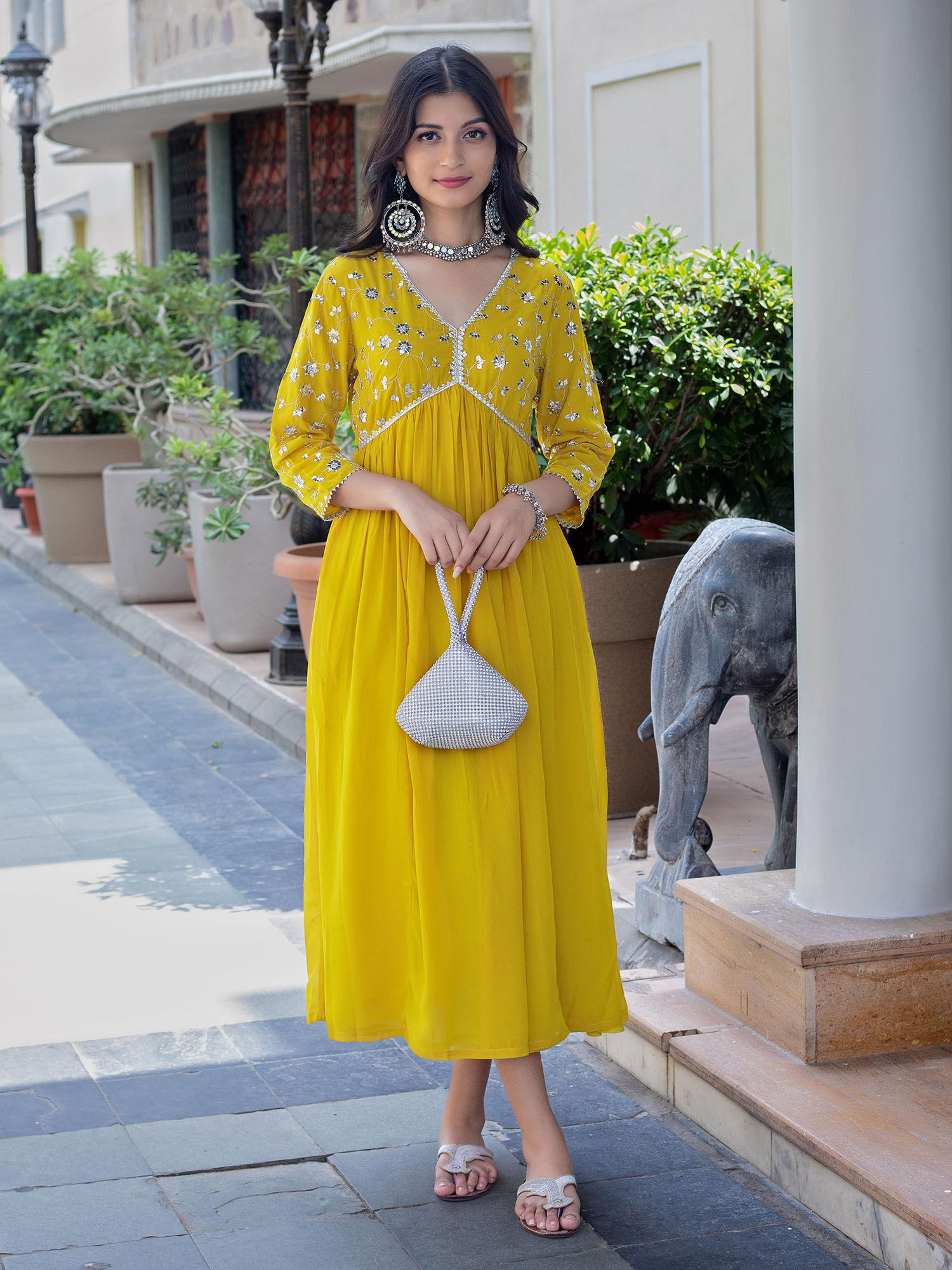 mustard georgette sequin embroidered a-line dress