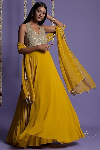 mustard georgette sequins embellished anarkali set