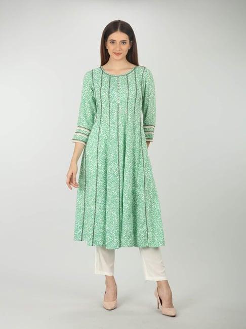 mustard green & white rayon floral print kurta