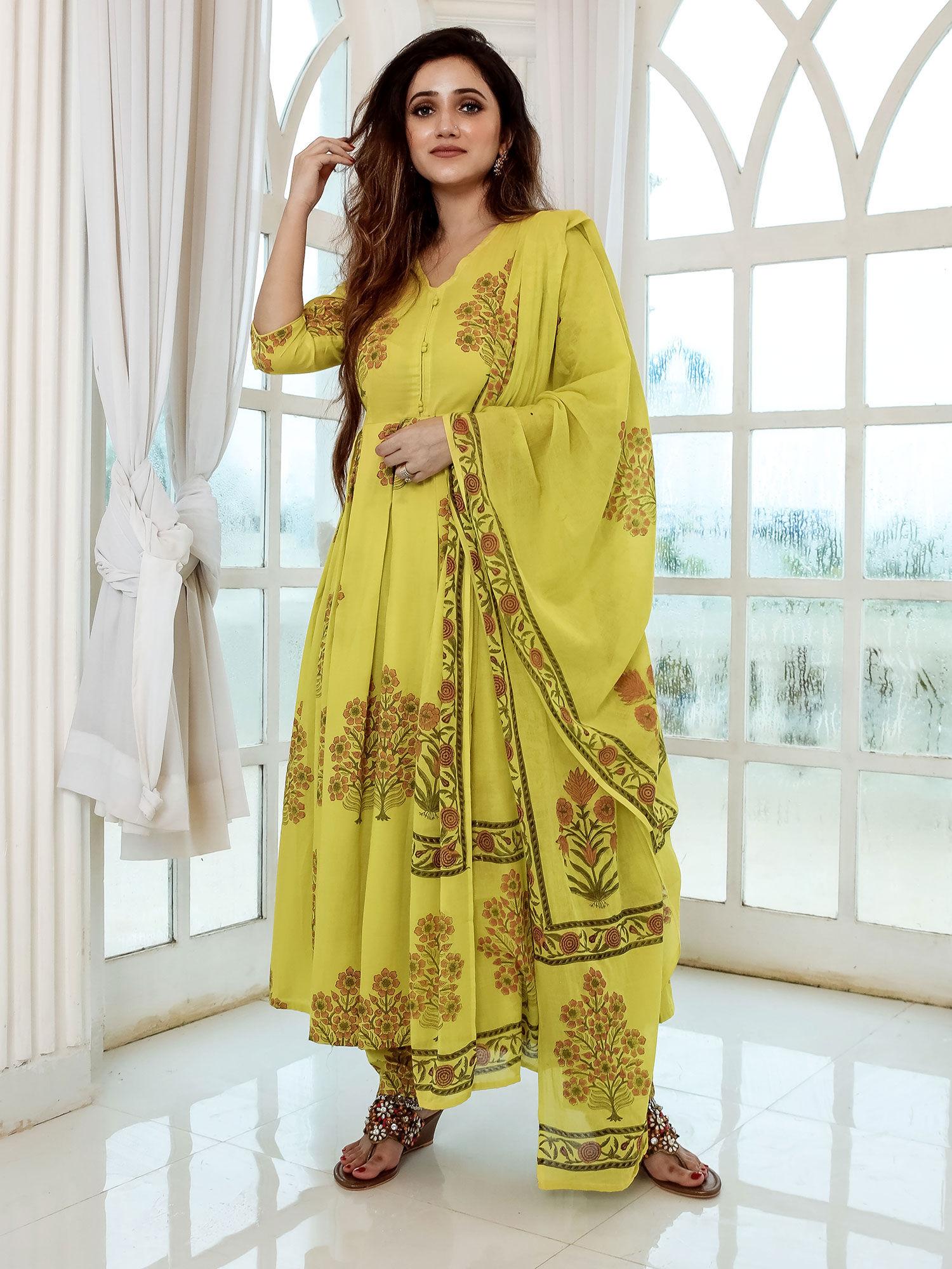 mustard green anarkali style kurta with salwar & dupatta (set of 3)