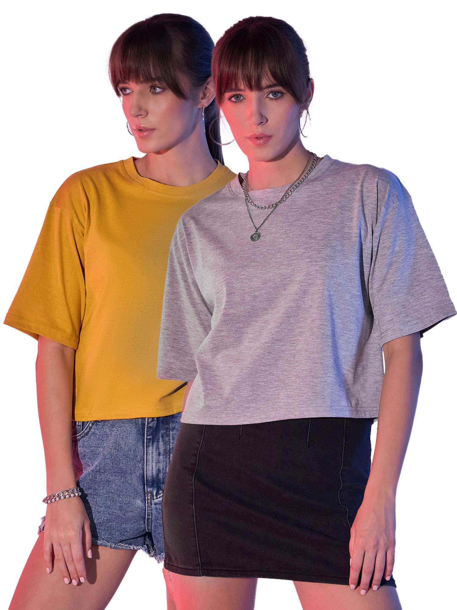 mustard grey cotton solid loose fit women cropped t-shirt (pack of 2)