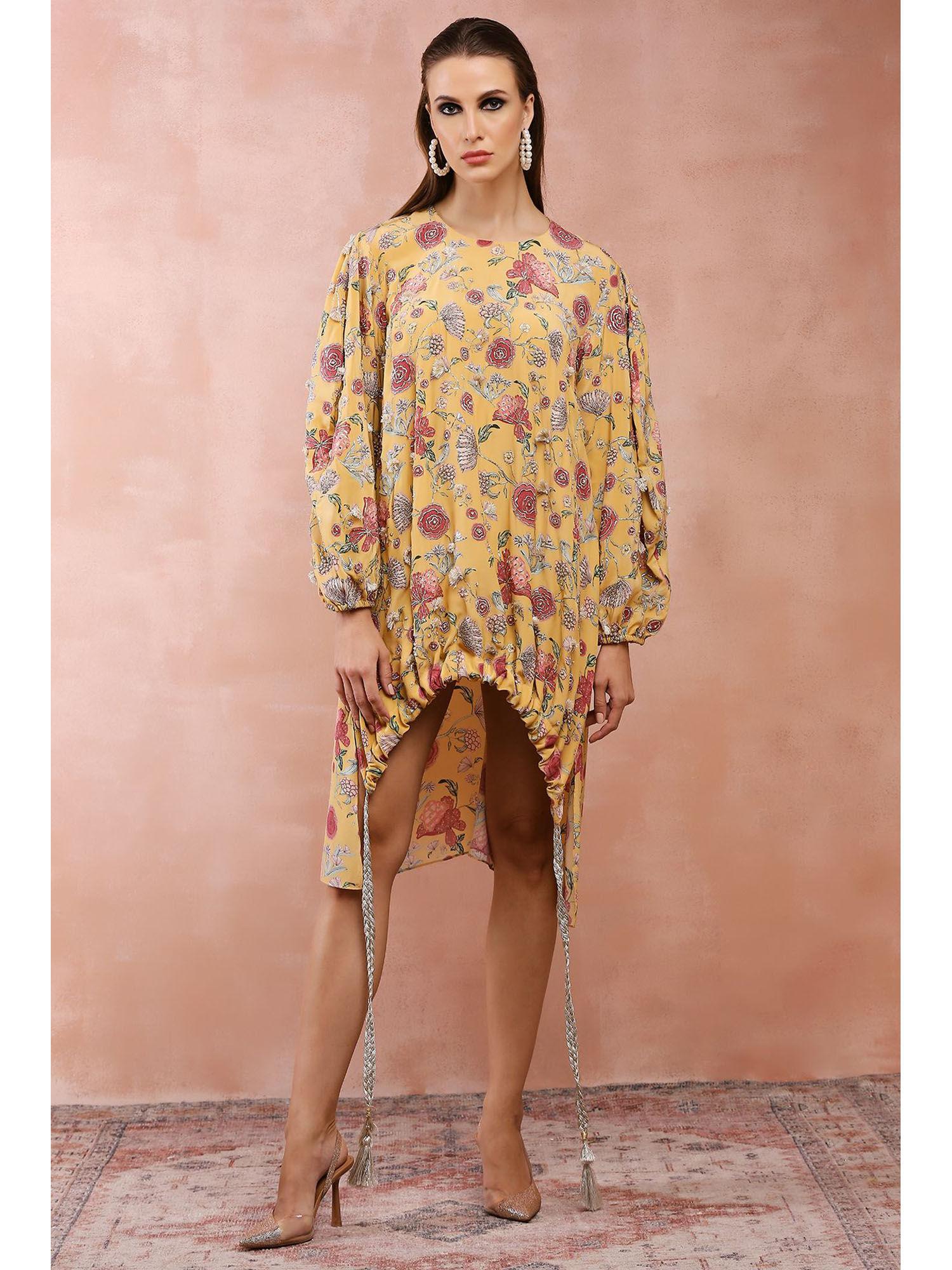 mustard gulbagh print front embroidered balloon top