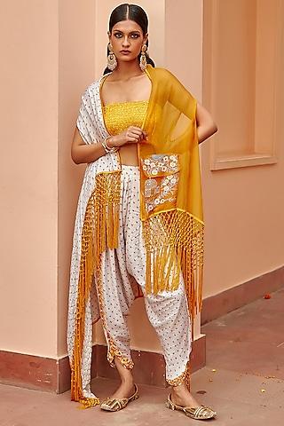 mustard half & half bandhani cape