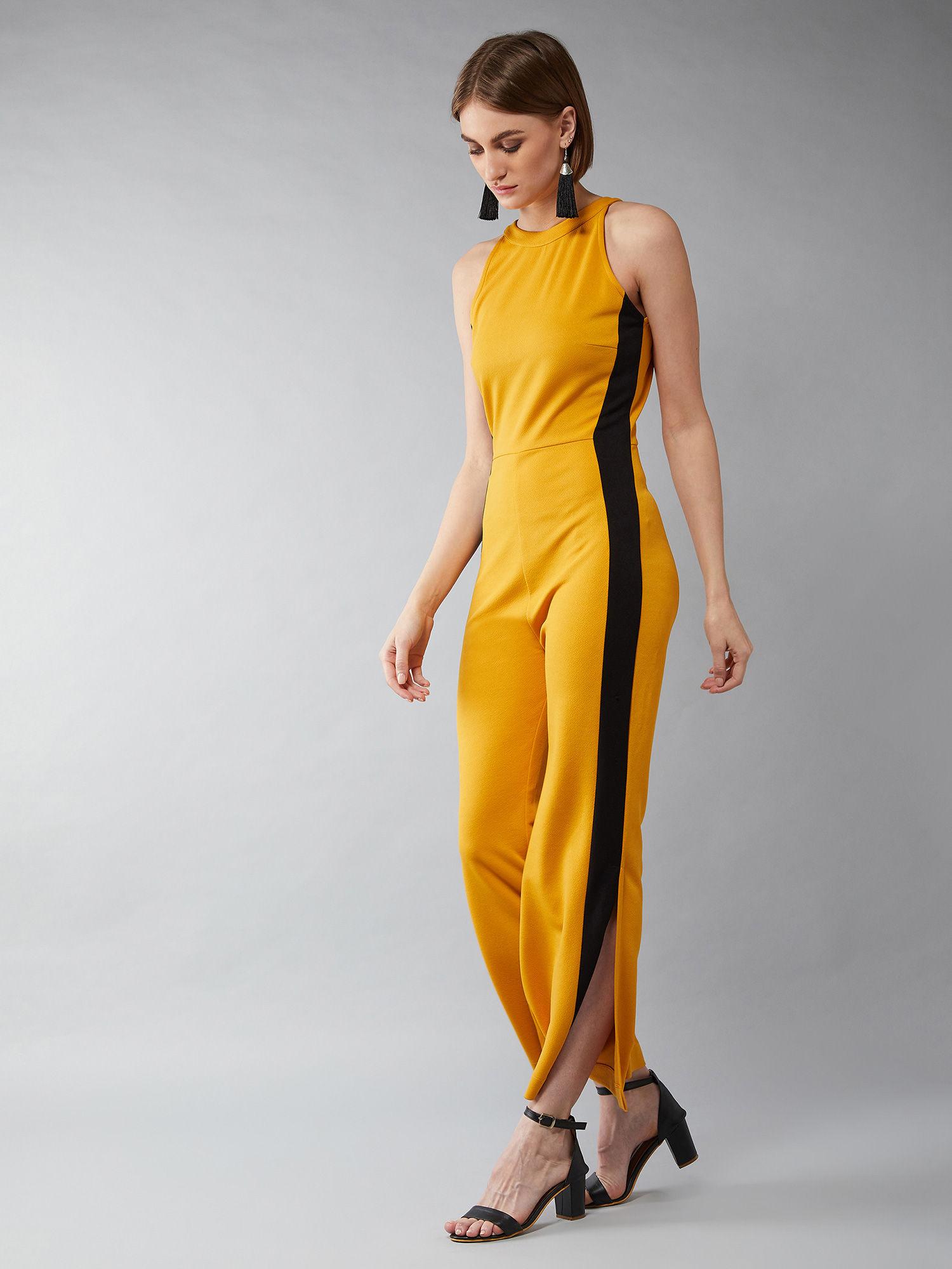 mustard halter neck sleeveless solid flared jumpsuit