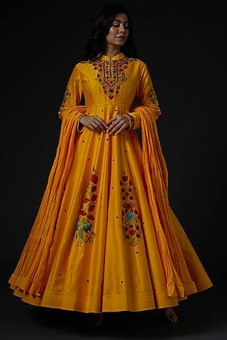 mustard hand embroidered anarkali set