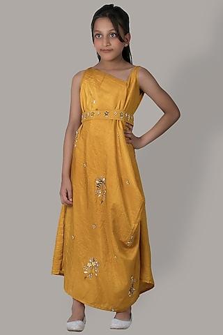 mustard hand embroidered gown with belt for girls