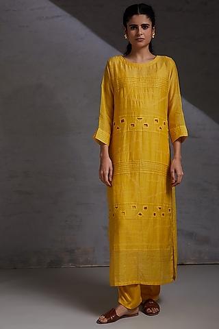 mustard hand embroidered kurta set