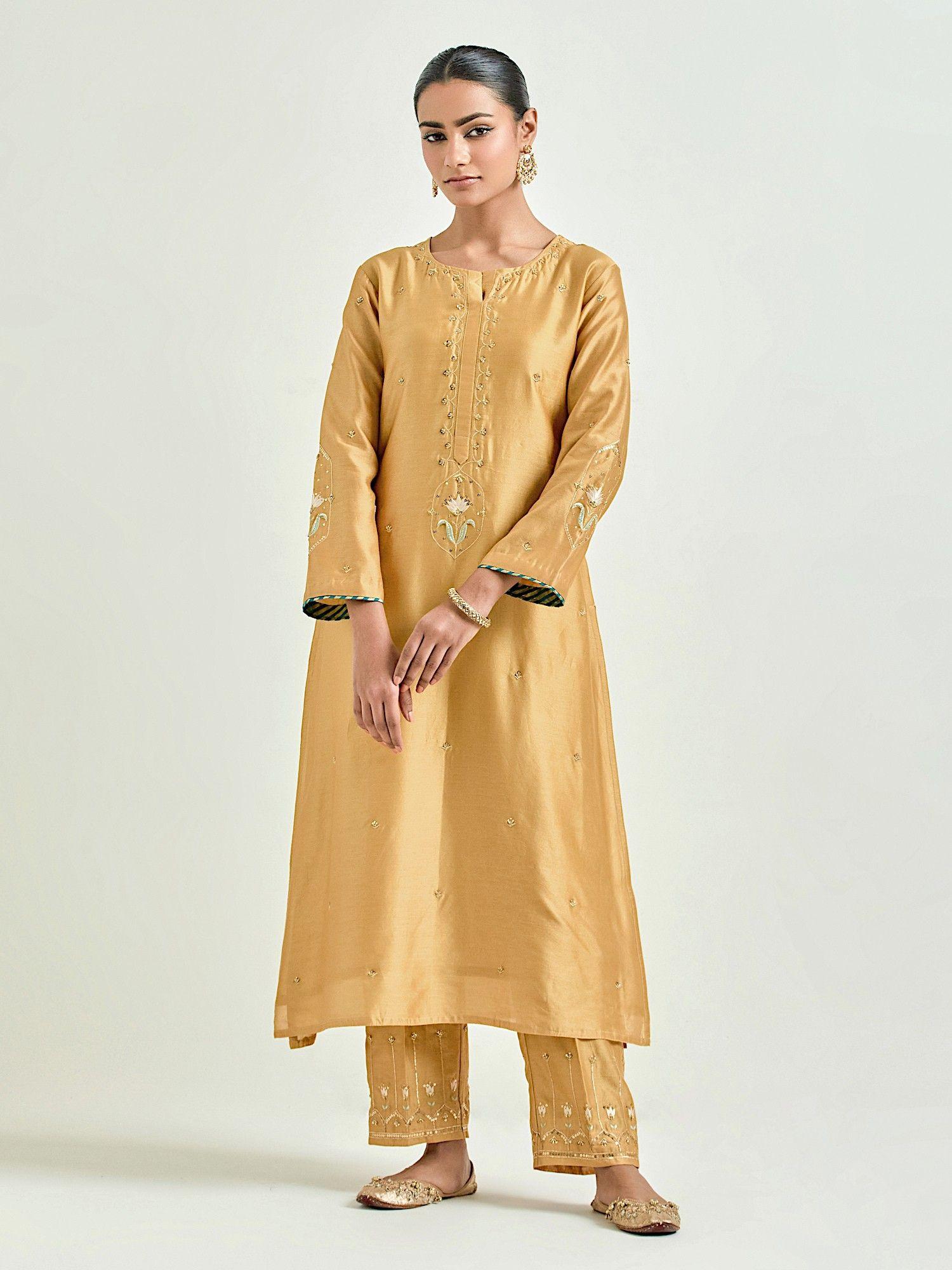 mustard hand embroidered silk chanderi kurta with gota