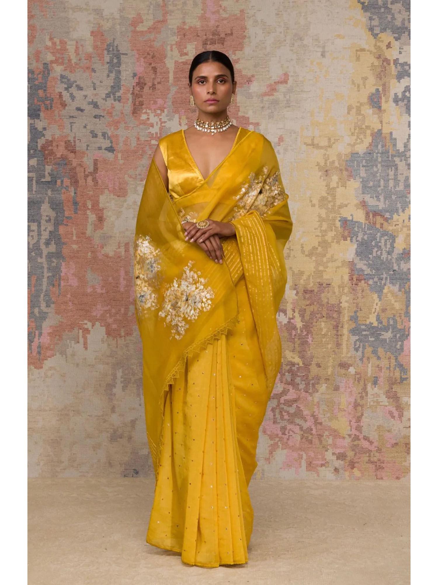 mustard hand-painted organza saree with stitched blouse (set of 2)