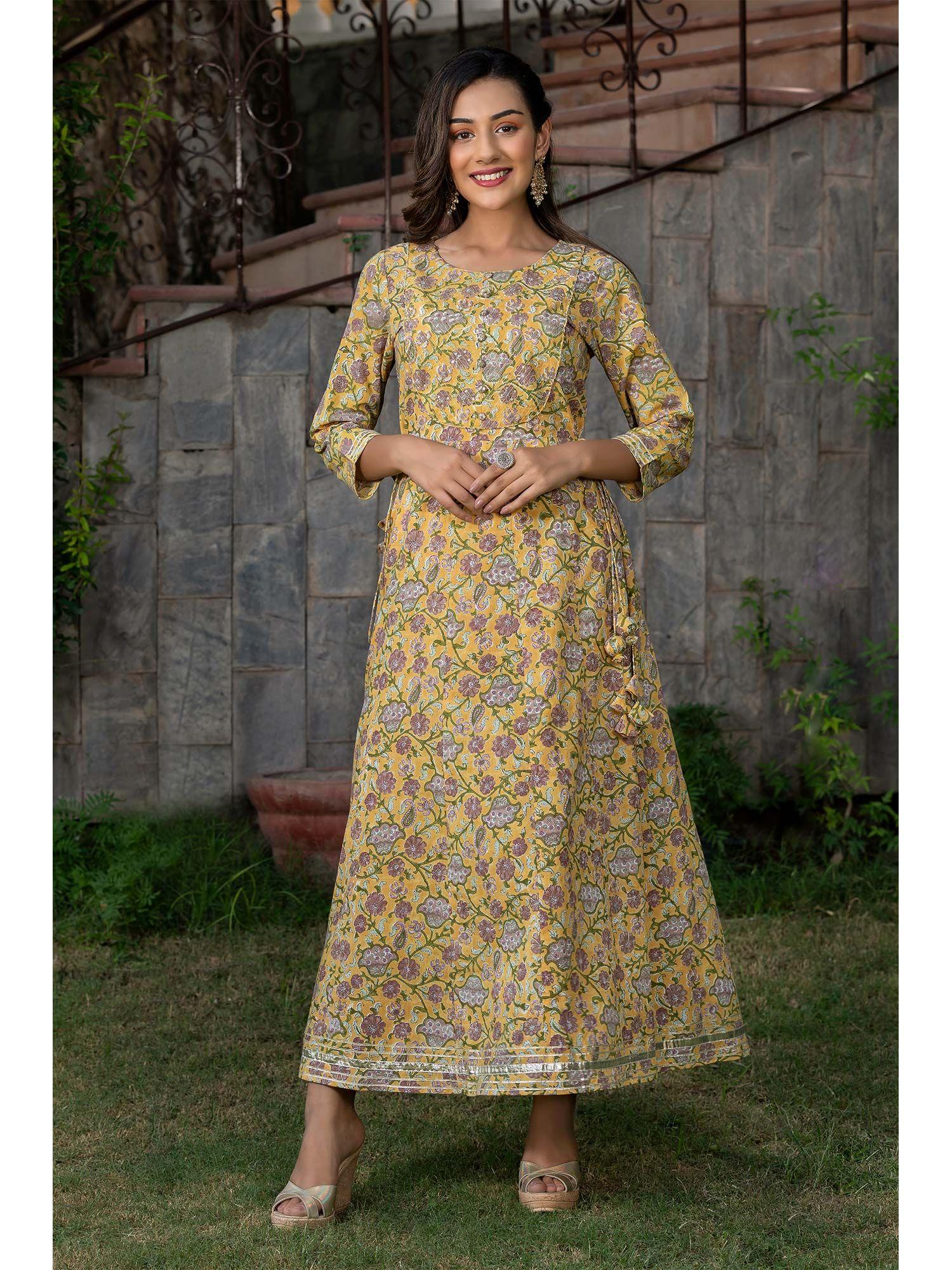 mustard handblock printed yoke zari anchoring ethnic dress