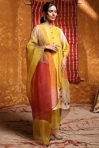 mustard handloom chanderi button embroidered ombre kurta set