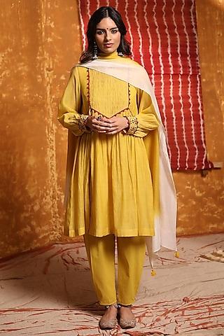 mustard handloom chanderi embroidered gathered short kurta set