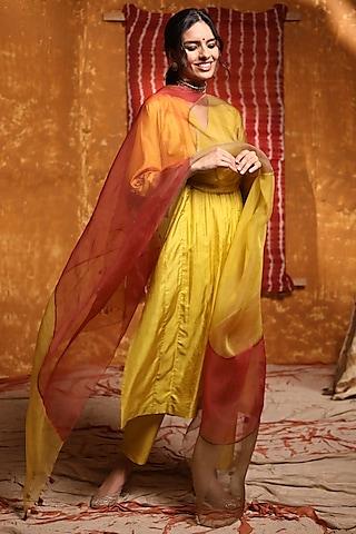 mustard handloom silk hand embroidered kurta set
