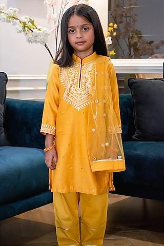 mustard handwoven chanderi dori hand embroidered kurta set for girls