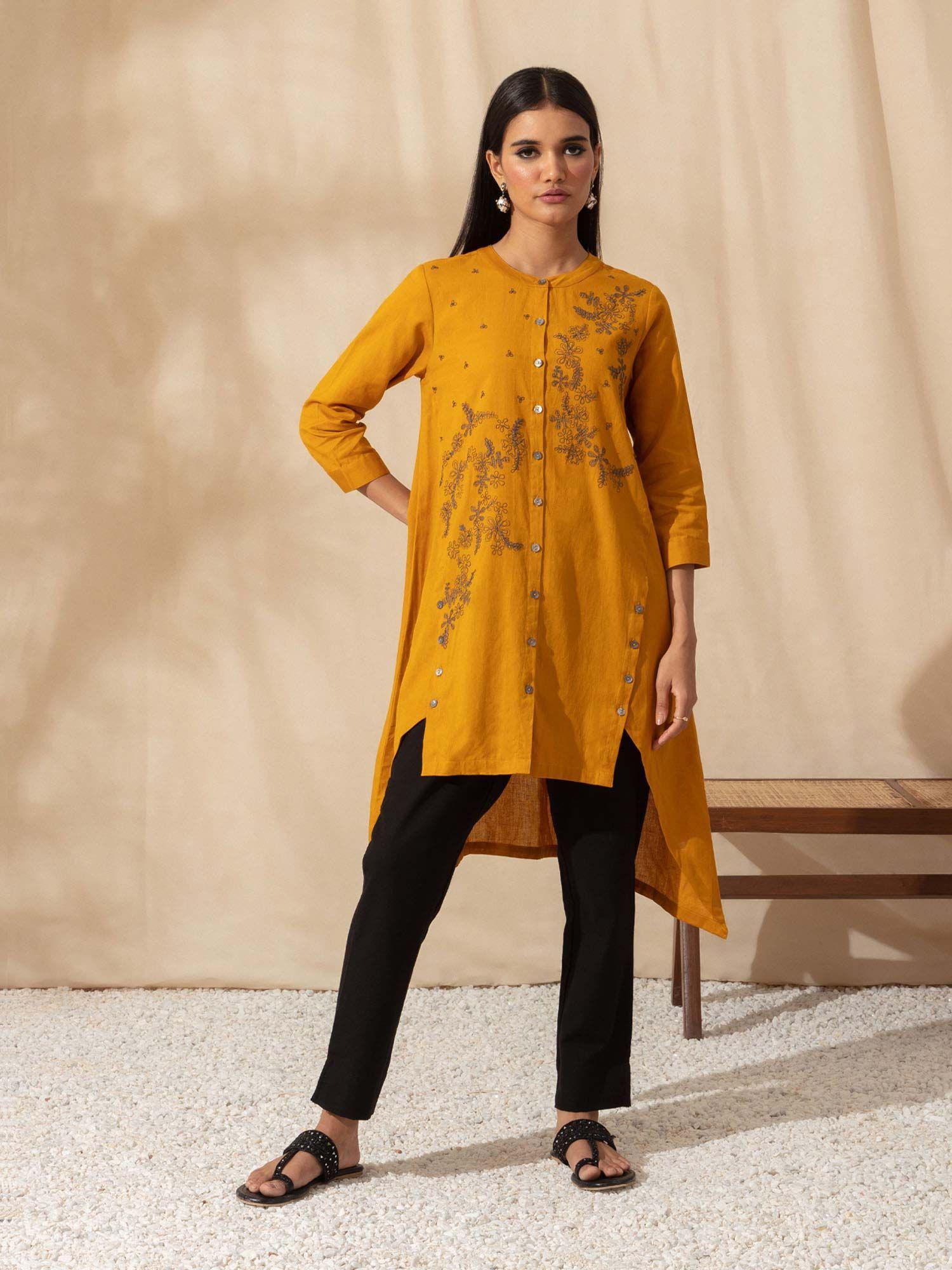 mustard hanky hem tunic with asymmetric embroidery liktop04