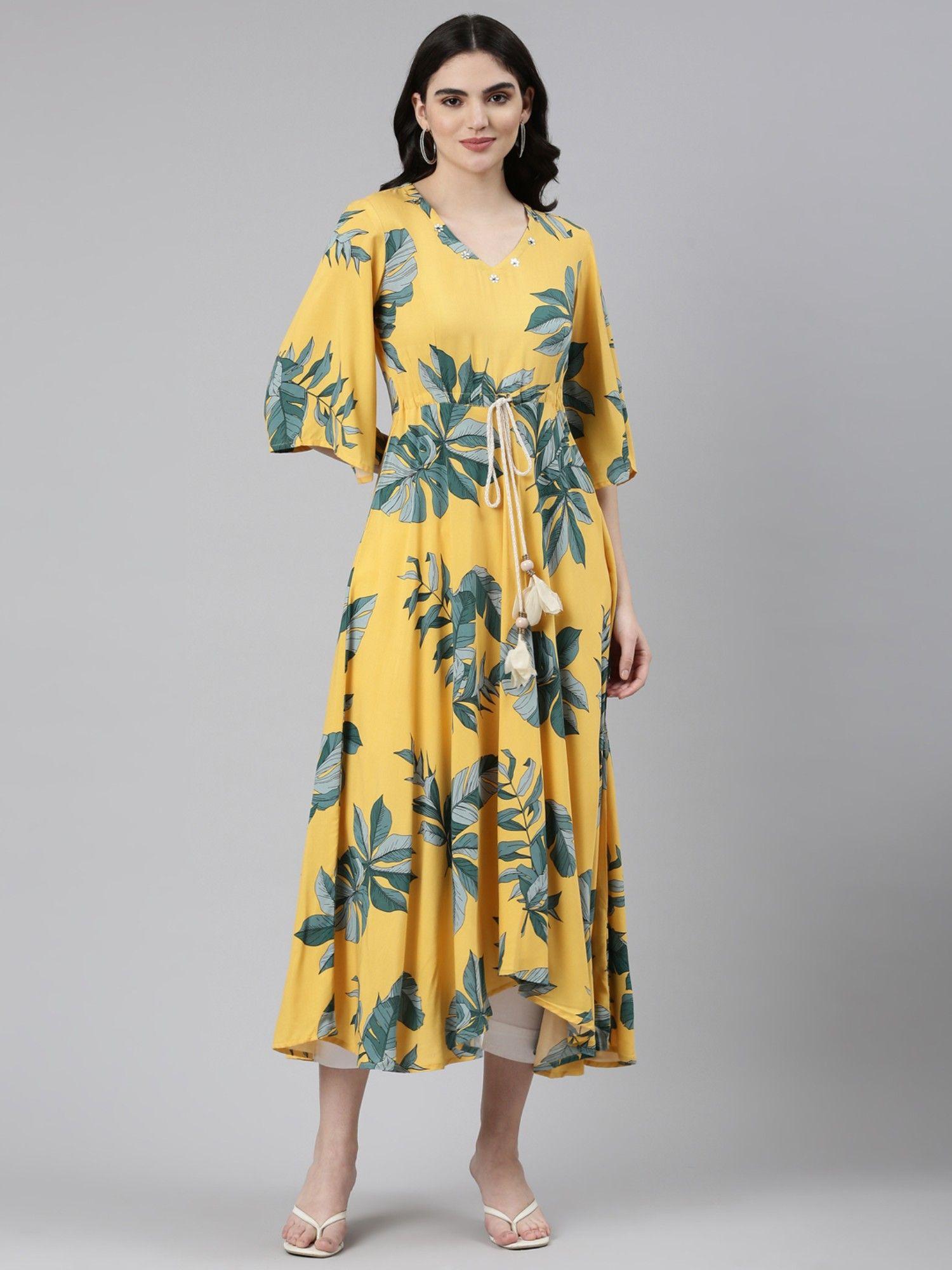 mustard high-low casual printed dress