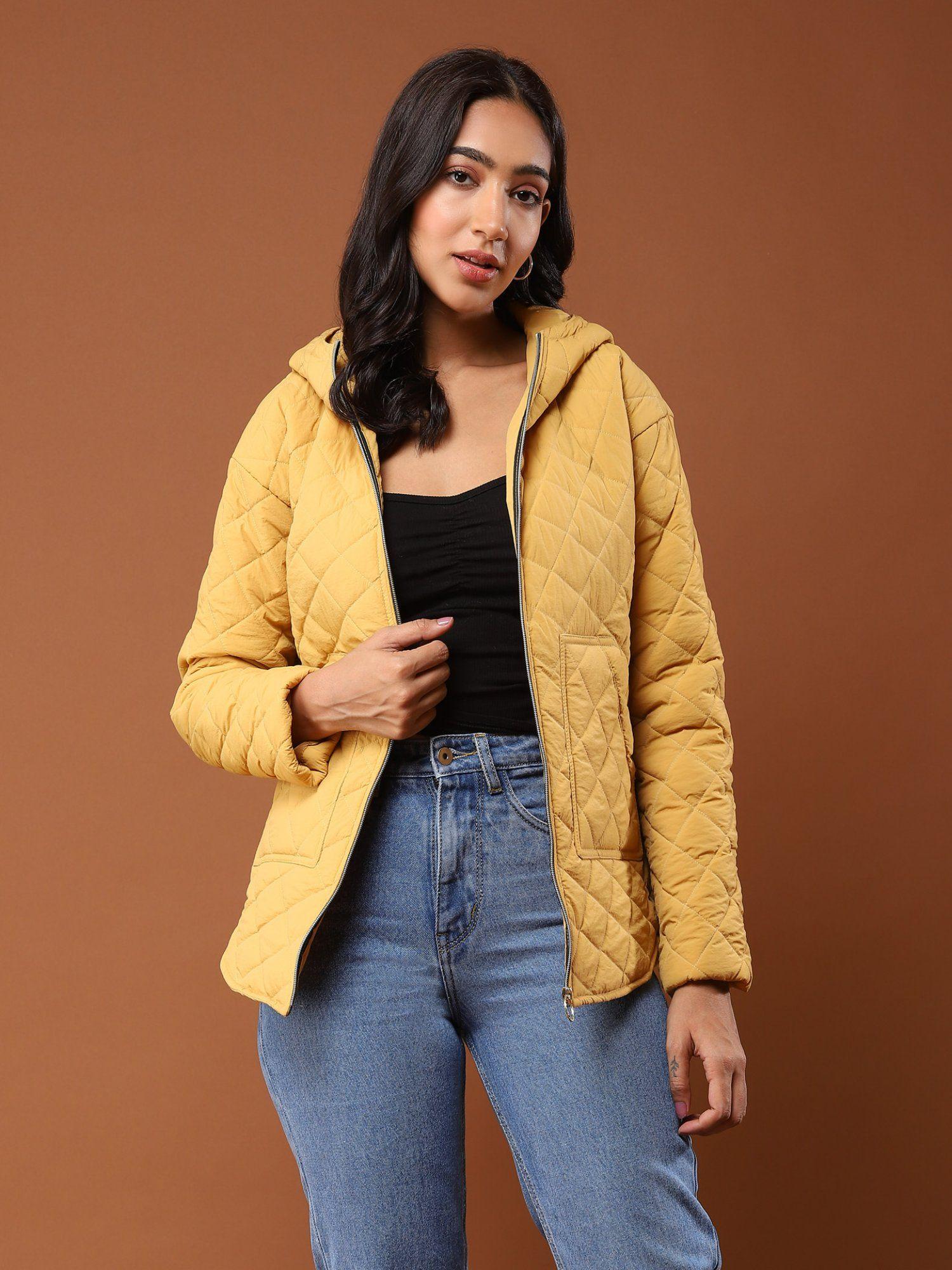 mustard hooded puffer jacket