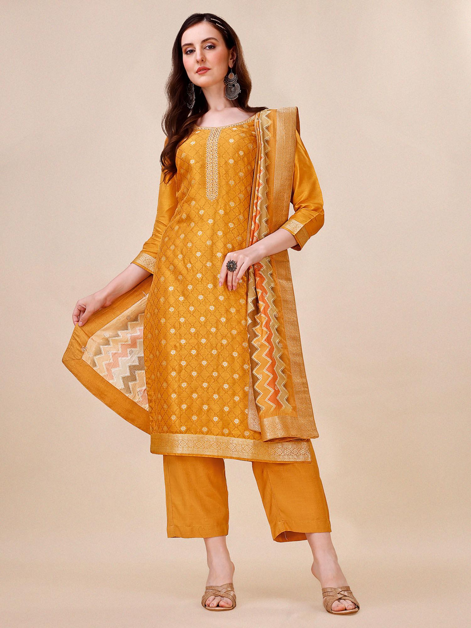 mustard jacquard silk straight kurta with trousers & bandhani dupatta (set of 3)