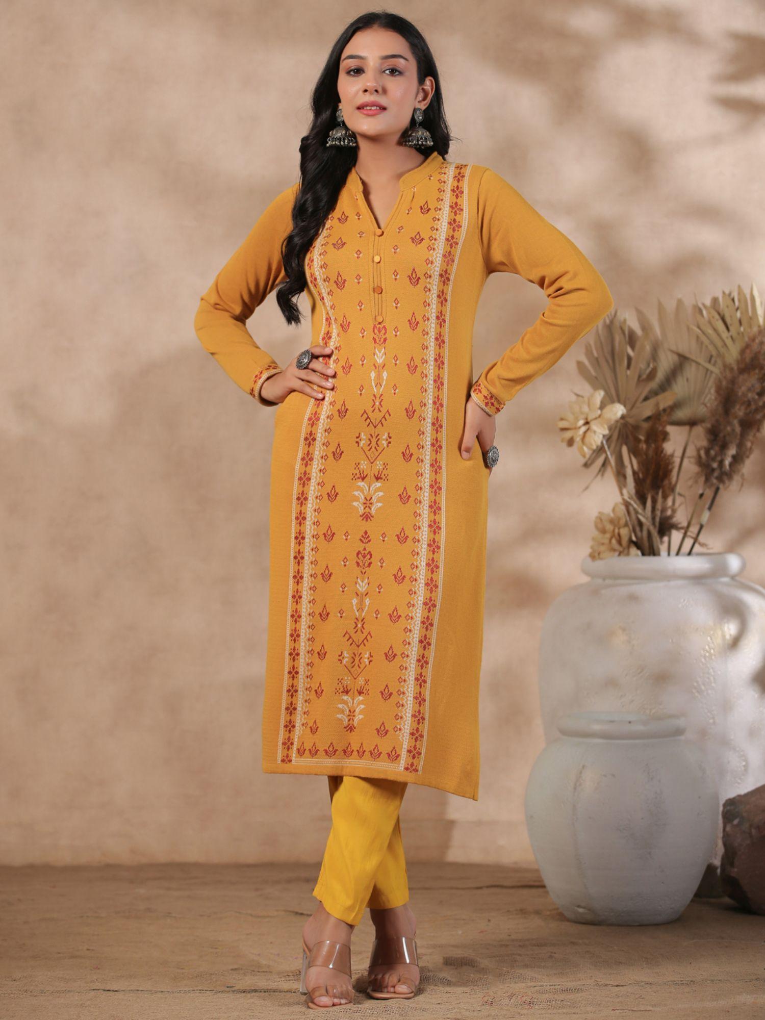 mustard jacquard style ethnic motifs straight winterwear kurta