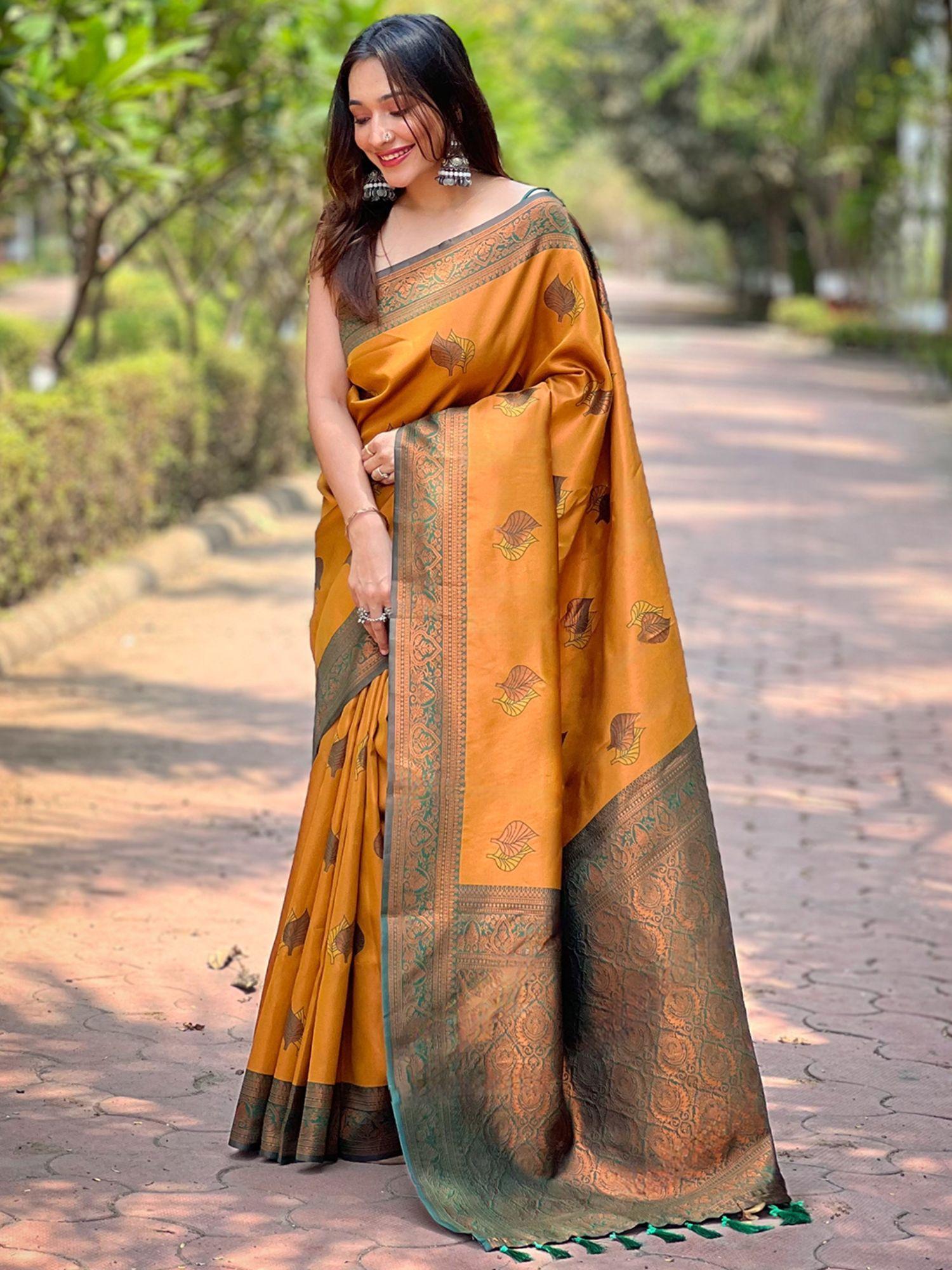 mustard kanjivaram tissue saree with unstitched blouse