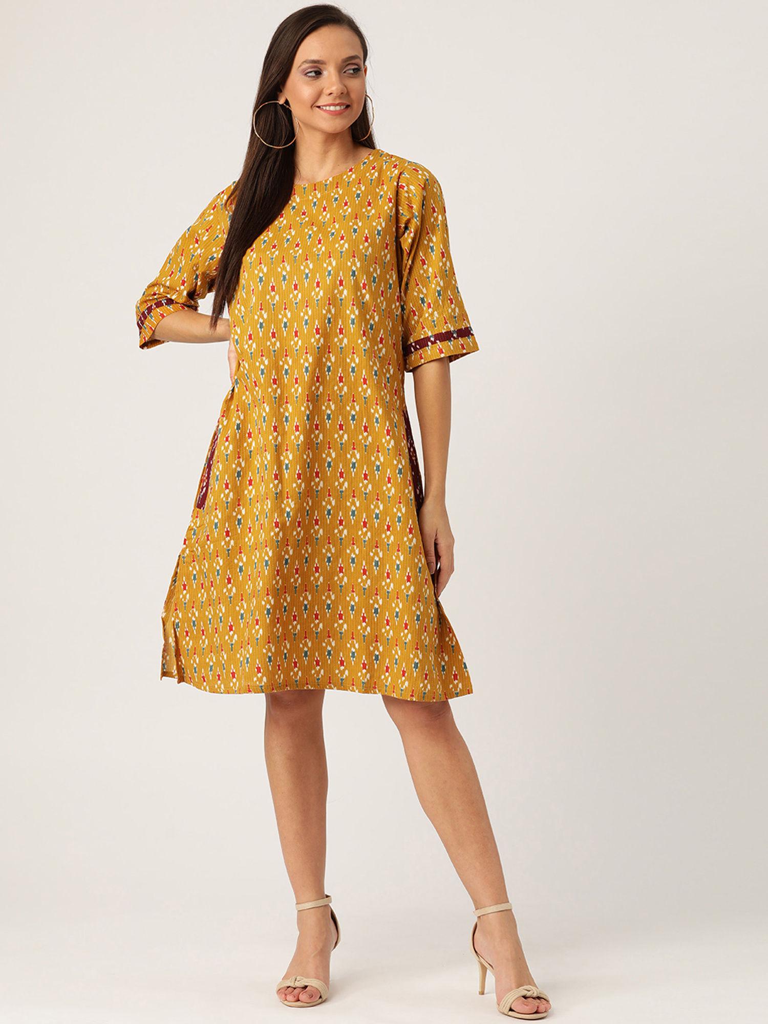 mustard kantha ikkat dress