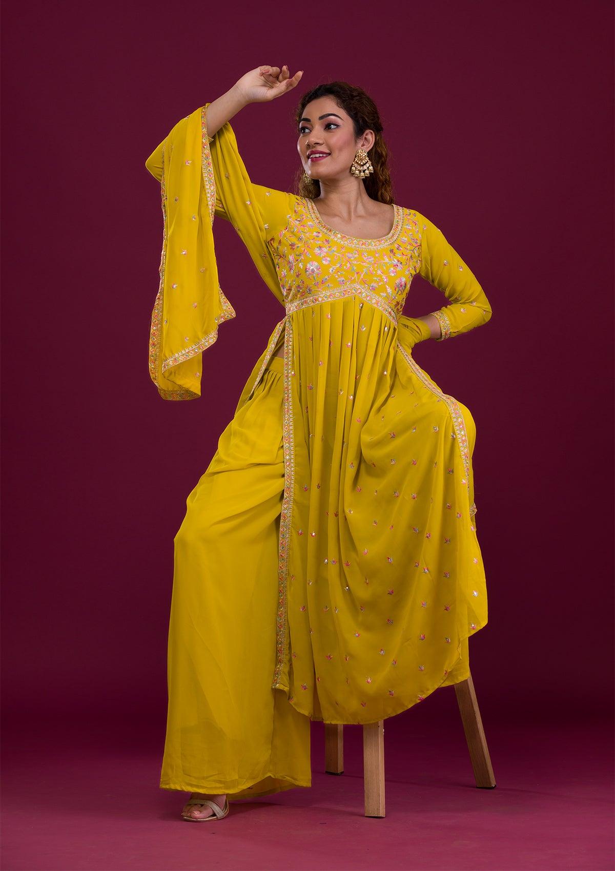 mustard kashmiri threadwork georgette readymade salwar suit