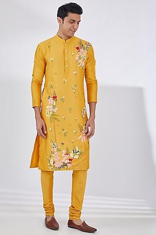 mustard katan applique embroidered kurta set