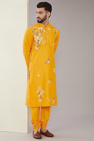 mustard katan applique hand embroidered kurta set