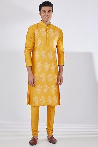 mustard katan thread embroidered kurta set