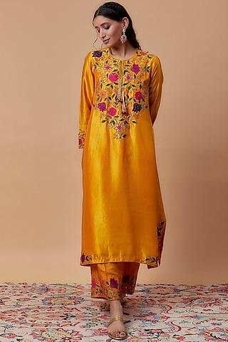 mustard kora silk embroidered kurta set