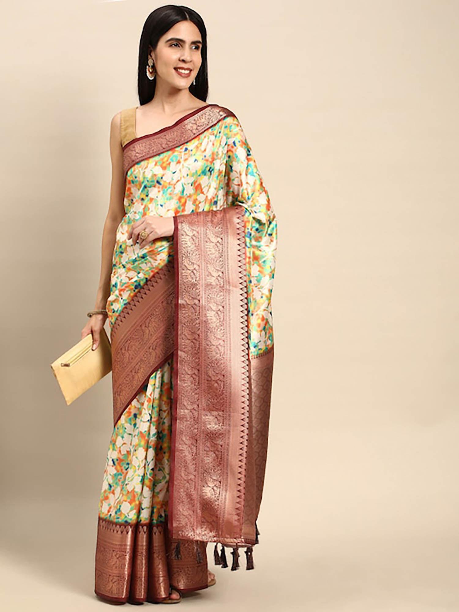 mustard leheriya printed zari banarasi saree with unstitched blouse