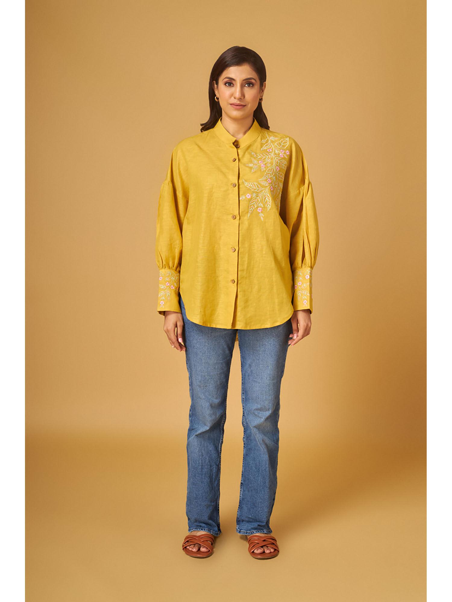 mustard linen embroidered shirt