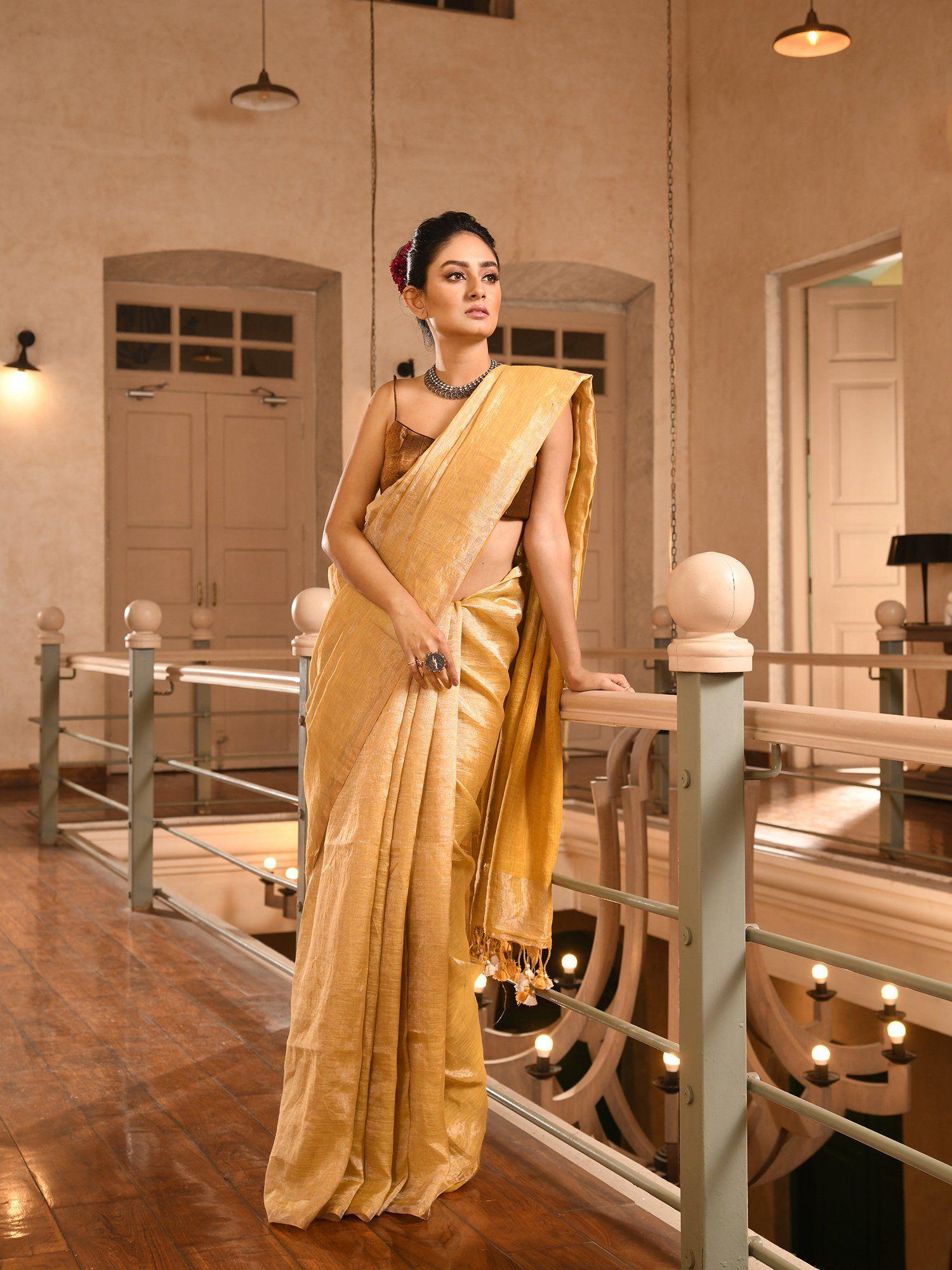 mustard linen zari tissue handwoven saree with unstitched blouse